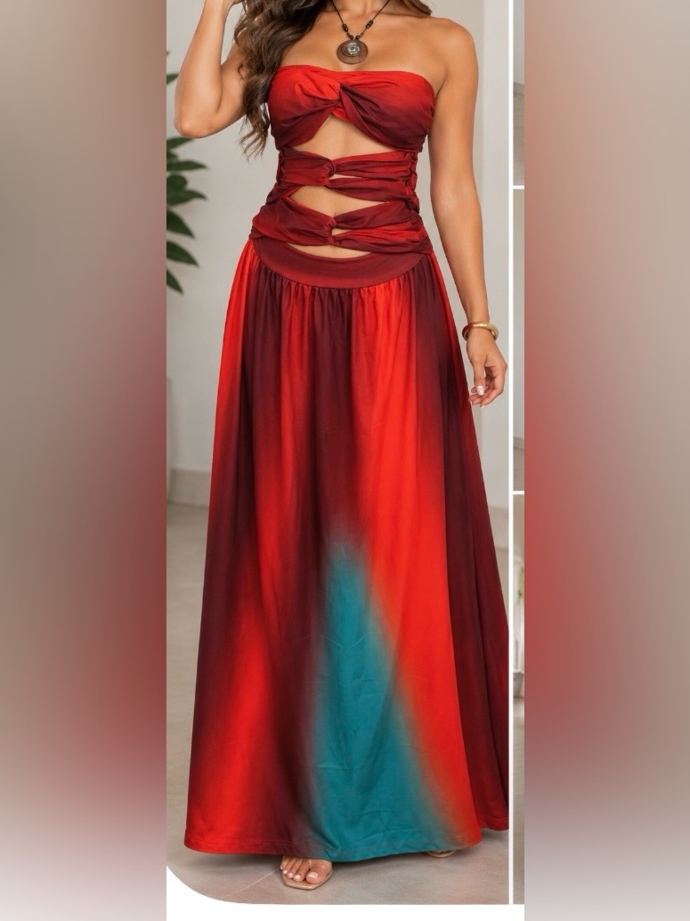 Women's Red Ombre Cutout Maxi Skirt Dress
